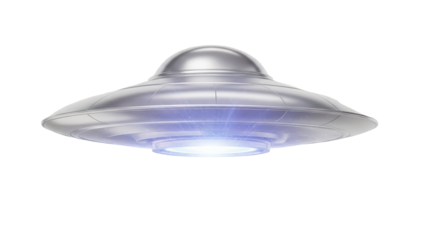 A shiny, metallic flying saucer hovering in the sky. The spacecraft has a futuristic design, glowing softly from below