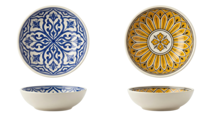 Two decorative ceramic bowls with intricate blue and yellow patterns, isolated on white