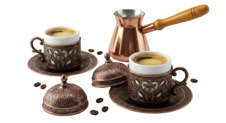 Traditional Turkish Coffee Set with Copper Cezve and Ornate Cups on White Background