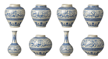 Antique Islamic Ceramic Vases with Blue Arabic Calligraphy Decorations