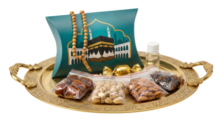 Islamic Gift Tray: Kaaba, Dates, Nuts, Rosary Beads, Eid Celebration