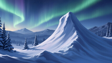 Serene winter landscape with aurora borealis and snow-covered mountains