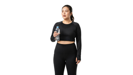 A woman in black activewear holds a water bottle, looking determined and ready for a workout. The image captures fitness and hydration