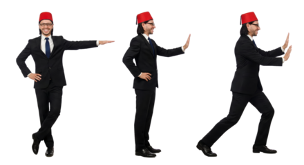 Businessman in Fez Hat Pushing, Gesturing, and Moving Forward
