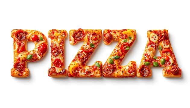 A delicious pizza spelled out in letters made of pizza