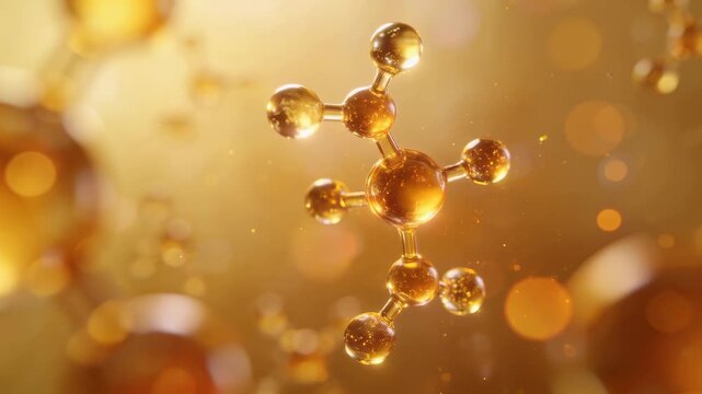 Coenzyme Q10 glowing molecular spheres in warm gold tones, premium antioxidant skincare concept.