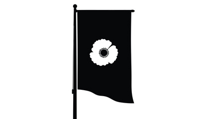 Black flag with white poppy flower symbol on pole silhouette vector on whit background