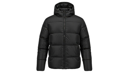 A stylish and practical black puffer jacket with a hood, perfect for staying warm in cold weather. It's a sleek and modern design with a focus on functionality and comfort