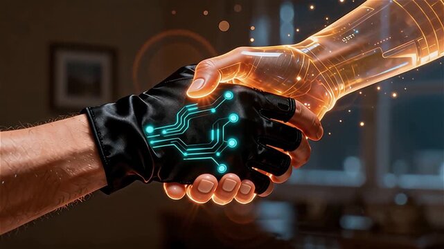 Dos manos entrelazadas una real y la otra un holograma