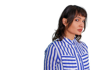 Stylish woman with bangs looking back, confident and serious, wearing striped shirt, transparent background