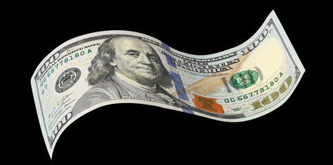 Curved hundred dollar banknote, isolated on black background