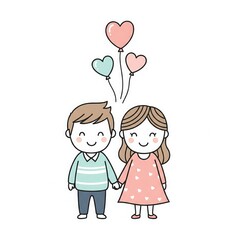 Romantic Couple Illustration With Heart Balloons &ndash; Cute Love Concept, Clean Doodle Style