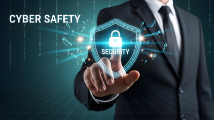 Businessman protecting data with cyber security shield and lock