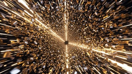 Abstract dimensional tunnel of golden and silver fragmented geometric shapes brilliance