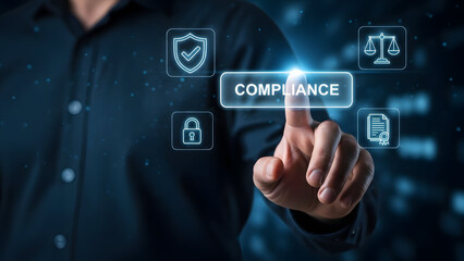 Businessman interacting with compliance interface on futuristic screen