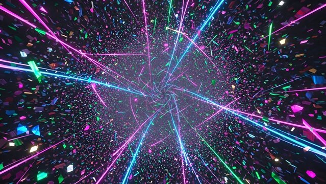 Abstract cosmic celebration background with colorful confetti and vibrant light streaks - Powered by Adobe