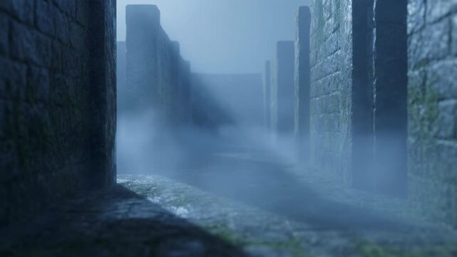 A hauntingly evocative stone fortress pathway, veiled in an ethereal mist, where ancient architecture and atmospheric conditions combine to create an immersive, mysterious scene.