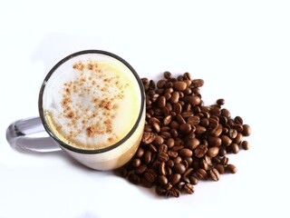 black coffee aroma coffee beans with black hot coffee in cup no people on a white background stock photo stock image