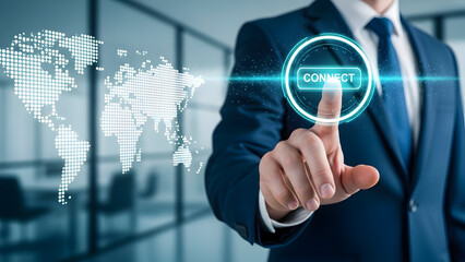 Businessman in suit interacting with futuristic global network connection