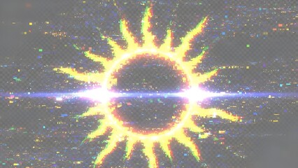 Abstract pixelated sun with glitch effect on transparent background with lens flare