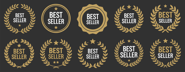 Best seller emblem with laurel wreath featuring award badge designs, a collection of best seller labels, ideal for product promotions, marketing campaigns,