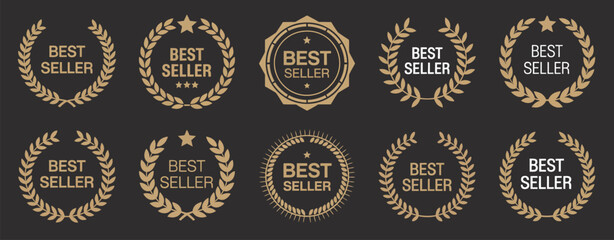 Best seller award badge set including laurel wreath emblems, top product labels, and best seller icons suitable for marketing graphics, promotional materials, and e commerce branding projects.