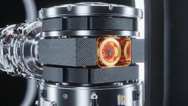 Close up of a golden container holding a sphere against a complex mechanical structure with textured surfaces