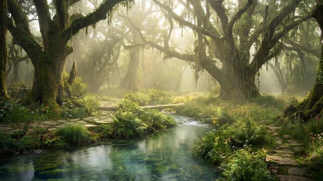 A serene river meanders through a mystical, sun-dappled forest, where ancient trees stand as silent guardians. The scene evokes a sense of tranquility.