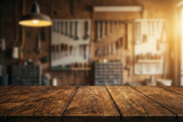 Rustic wooden workbench in a cozy workshop setting