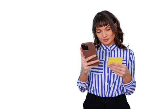 Woman holding smartphone and credit card, shopping online, mobile payment, e-commerce concept - Powered by Adobe