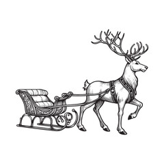 Reindeer pulling a sleigh in a black and white illustration
