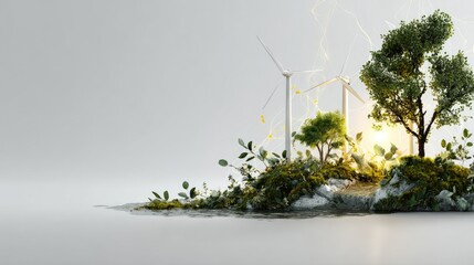 Miniature green world with trees, turbines, and a bright glow