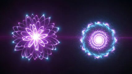Glowing ethereal forms: abstract flower and vortex of light against a dark void background