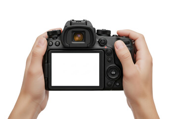 rear view of a matte black digital camera showing controls and viewfinder, held by caucasian hands gripping the body, large white lcd copy space mockup, isolated high-key studio product photo.