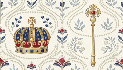 Royal crown and scepter pattern with blue berries and botanical leaf motifs