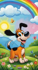 Happy Cartoon Dog in a Colorful Landscape with Rainbow and Butterflies.