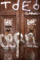 Urban damage to the facade of a building