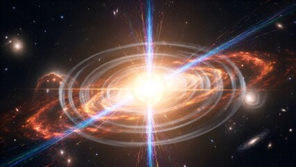 Obraz premium Majestic depiction of a quasar with luminous jets and swirling cosmic matter disc radiating