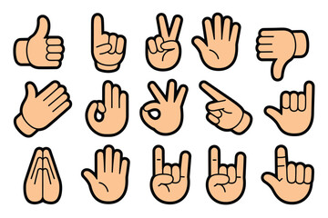 Fototapeta premium Cartoon hand gesture emoji collection with vector icons showing thumbs up, dislike, ok sign, peace, pointing finger, clap, praying hands, and rock on symbols