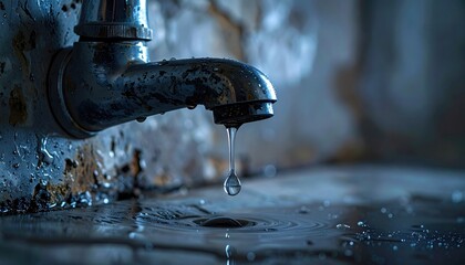 A water faucet with a single drop of water falling