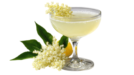 Gin based cocktail in delicate glass blended with citrus herbs elegant refreshment drink photography isolated on white background