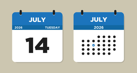 July 14 2026 (Tuesday) Calendar page Vector Illustration. 14 July calendar page. Day calendar with date July 14. Week Starts on Sunday. Modern Calendar template icon. Checklist day calendar.