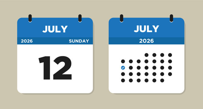 July 12 2026 (Sunday) Calendar page Vector Illustration. 12 July calendar page. Day calendar with date July 12. Modern Calendar template icon. Checklist day calendar. Week Starts on Sunday.