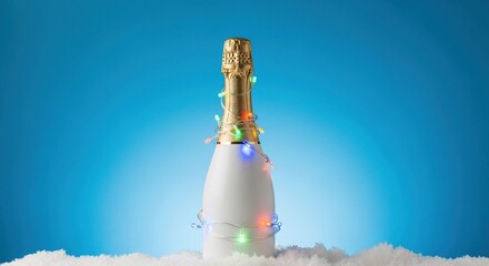 Celebration champagne bottle in ice with festive lights