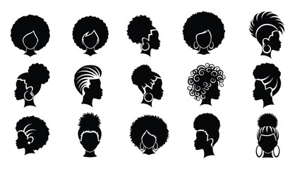 Diverse afro hairstyles represented as striking black silhouettes © MDAUAL