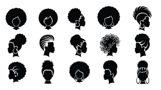 Diverse afro hairstyles represented as striking black silhouettes