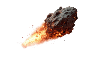 Comet or meteor asteroid meteorite falling through atmosphere fiery space rock dramatic cosmic motion isolated on white background
