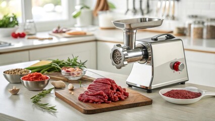 Shiny Meat Grinder Grinding Fresh Beef in a Kitchen Setting