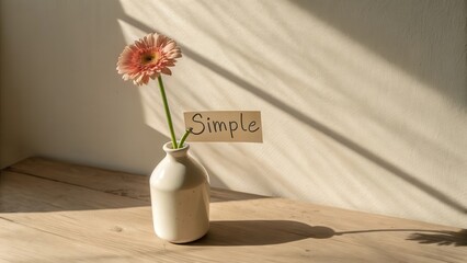 Single gerbera daisy in a simple white vase in sunlight