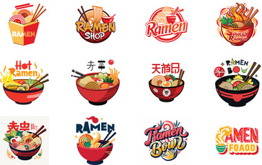 Ramen Logo Collection with Japanese Noodle Bowl Illustrations, Asian Street Food Branding Design, Fast Food Ramen Labels, Vintage and Modern Ramen Restaurant Logos for Menu, Packaging, Cafe, Food Truc